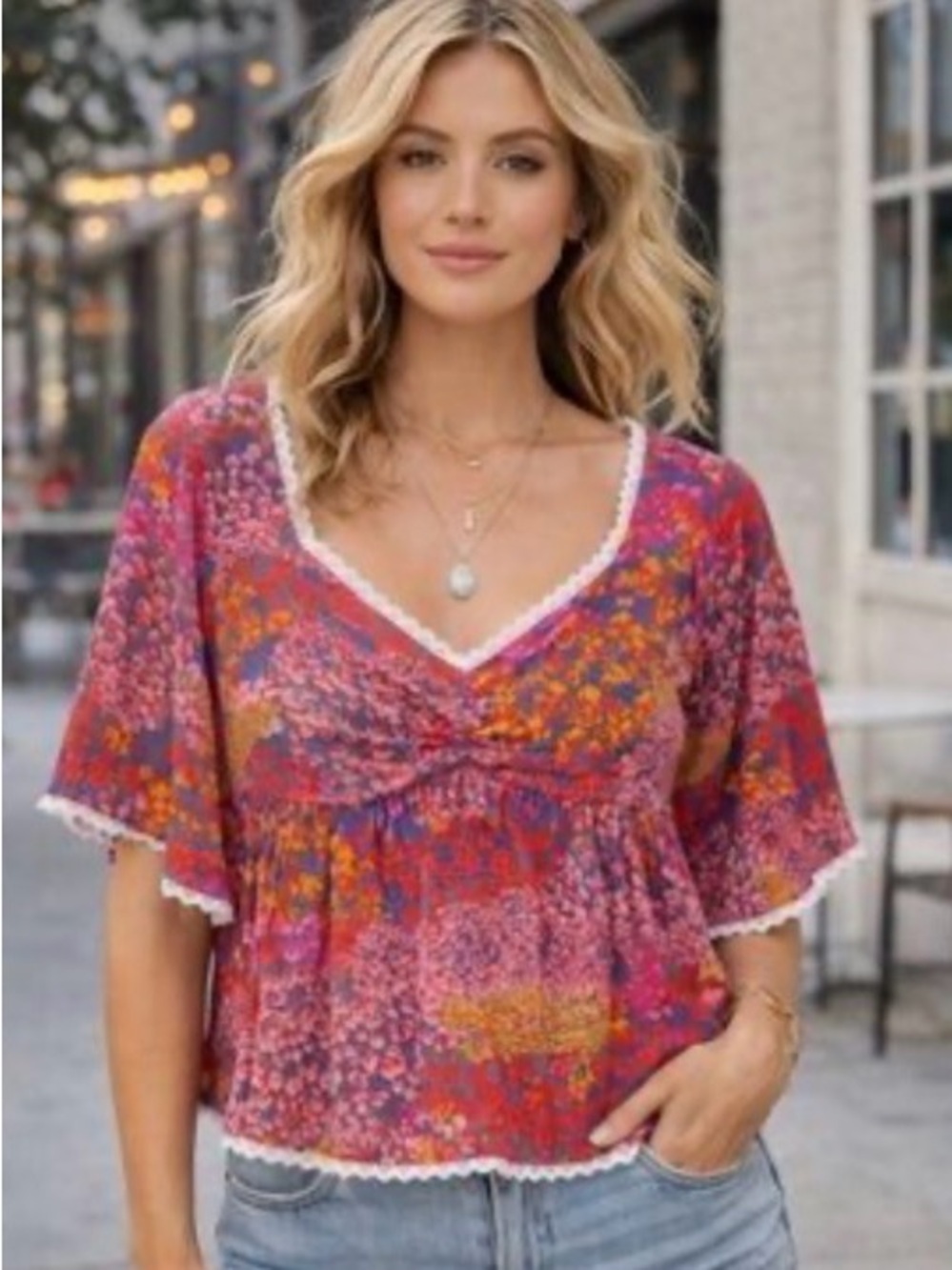 Floral Patchwork V-Neck Peasant Top - Pink Multi